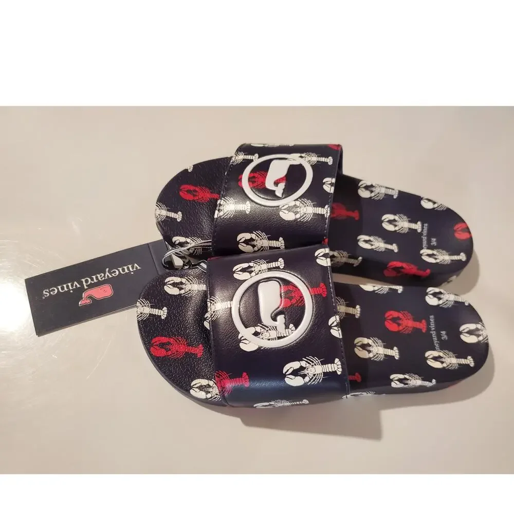 Nwt Vineyard Vines Boys Lobster Stack Pool Slide Sandals Kids Youth Sz 3/4 Blue